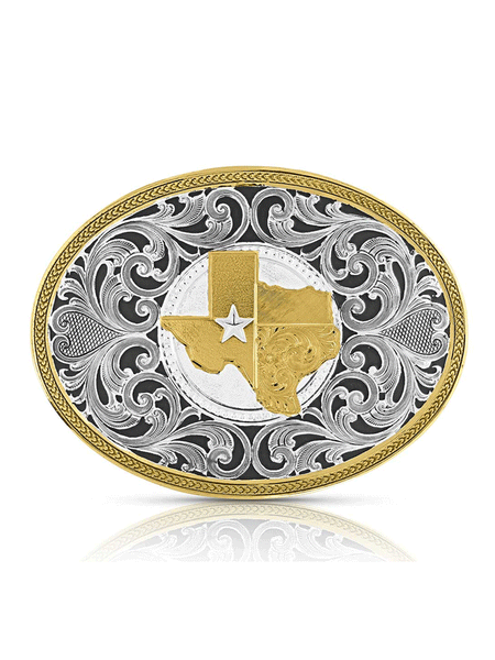 Montana Silversmiths 43210G Lone Star Texas State Filligree Buckle Gold And Silver front view. If you need any assistance with this item or the purchase of this item please call us at five six one seven four eight eight eight zero one Monday through Saturday 10:00a.m EST to 8:00 p.m EST