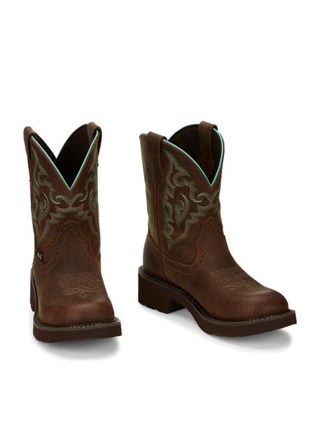 Justin GY9606 Womens Western Boot Chocolate Brown front / side view pair. If you need any assistance with this item or the purchase of this item please call us at five six one seven four eight eight eight zero one Monday through Saturday 10:00a.m EST to 8:00 p.m EST