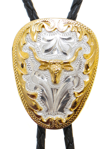 Western Express BT-208 Long Horn on German Silver Bolo Tie Gold And Silver front close up. If you need any assistance with this item or the purchase of this item please call us at five six one seven four eight eight eight zero one Monday through Saturday 10:00a.m EST to 8:00 p.m EST
