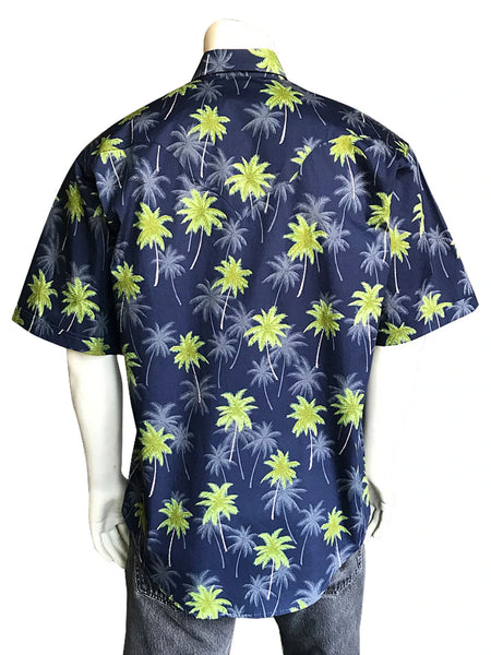 Rockmount 1642 Mens Palm Tree Short Sleeve Hawaiian Western Shirt Navy back view. If you need any assistance with this item or the purchase of this item please call us at five six one seven four eight eight eight zero one Monday through Saturday 10:00a.m EST to 8:00 p.m EST