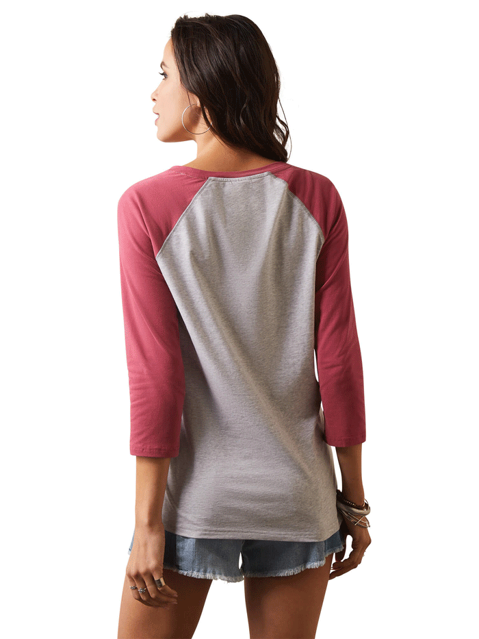 Ariat 10043409 Womens Painted Dreams T-Shirt Grey And Earth Red front view. If you need any assistance with this item or the purchase of this item please call us at five six one seven four eight eight eight zero one Monday through Saturday 10:00a.m EST to 8:00 p.m EST