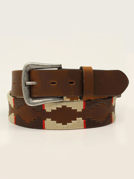 Nocona N210005905 Mens Embroidered Strap Belt Brown And Cream front view. If you need any assistance with this item or the purchase of this item please call us at five six one seven four eight eight eight zero one Monday through Saturday 10:00a.m EST to 8:00 p.m EST