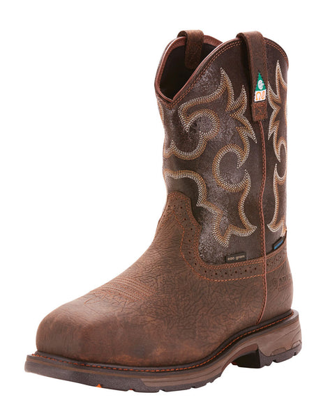 Ariat 10023280 Mens Workhog Waterproof Work Boots Brown Black front and side view. If you need any assistance with this item or the purchase of this item please call us at five six one seven four eight eight eight zero one Monday through Saturday 10:00a.m EST to 8:00 p.m EST