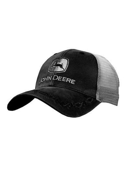 John Deere LP68009 Oilskin Barbwire Front Cap Black front and side view. If you need any assistance with this item or the purchase of this item please call us at five six one seven four eight eight eight zero one Monday through Saturday 10:00a.m EST to 8:00 p.m EST