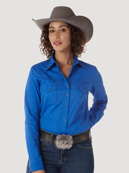 Wrangler LW1011B Ladies Western Long Sleeve Solid Shirt Royal Blue front view. If you need any assistance with this item or the purchase of this item please call us at five six one seven four eight eight eight zero one Monday through Saturday 10:00a.m EST to 8:00 p.m EST