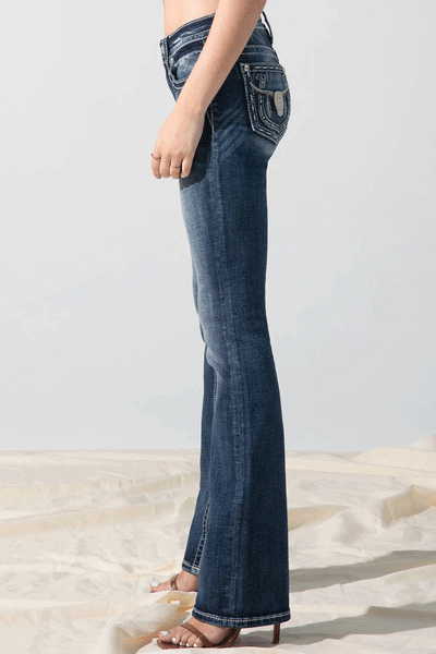 Miss Me M3914B Womens All Night Longhorn Bootcut Jeans Dark Blue side view. If you need any assistance with this item or the purchase of this item please call us at five six one seven four eight eight eight zero one Monday through Saturday 10:00a.m EST to 8:00 p.m EST