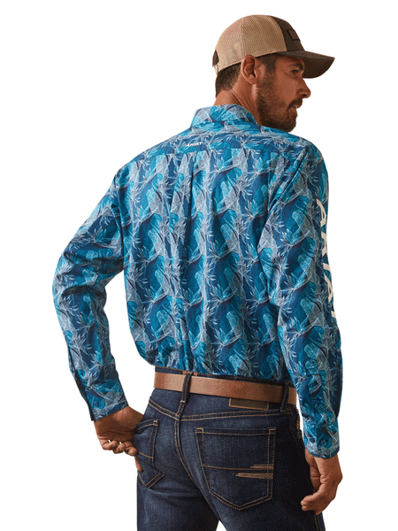 Ariat 10043874 Mens Team Hugh Fitted Shirt Teal back view. If you need any assistance with this item or the purchase of this item please call us at five six one seven four eight eight eight zero one Monday through Saturday 10:00a.m EST to 8:00 p.m EST