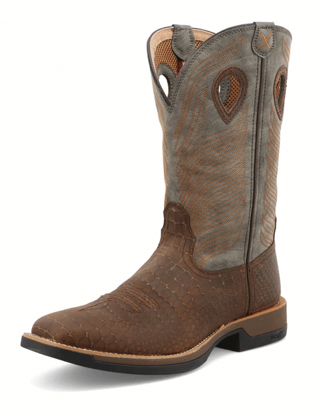 Twisted X MXW0003 Mens WS Caiman Print Tech X Boot Brown And Grey side and front view. If you need any assistance with this item or the purchase of this item please call us at five six one seven four eight eight eight zero one Monday through Saturday 10:00a.m EST to 8:00 p.m EST