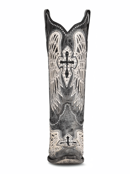Corral A4232 Ladies Wing and Cross Cowhide Western Boot Black front view. If you need any assistance with this item or the purchase of this item please call us at five six one seven four eight eight eight zero one Monday through Saturday 10:00a.m EST to 8:00 p.m EST