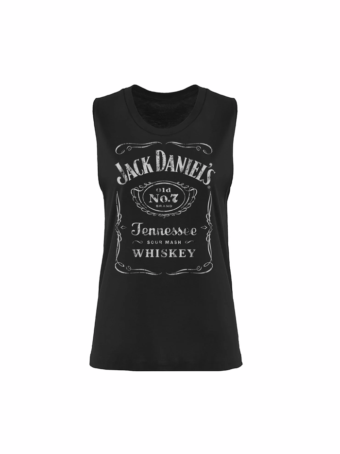 Ely Cattleman 15361412JD-89 Womens Jack Daniels Sleeveless Label Tank Black front view on model. If you need any assistance with this item or the purchase of this item please call us at five six one seven four eight eight eight zero one Monday through Saturday 10:00a.m EST to 8:00 p.m EST