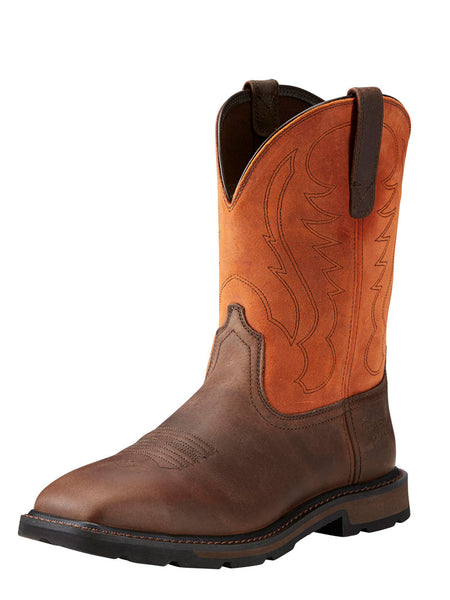 Ariat 10015191 Mens Groundbreaker Steel Toe Work Boots Brown side and front view. If you need any assistance with this item or the purchase of this item please call us at five six one seven four eight eight eight zero one Monday through Saturday 10:00a.m EST to 8:00 p.m EST