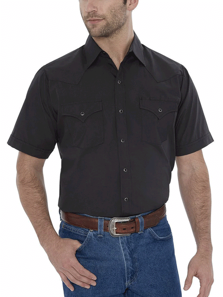 Ely Cattleman 15201605-89 Mens Short Sleeve Solid Western Shirt Black front view tucked in. If you need any assistance with this item or the purchase of this item please call us at five six one seven four eight eight eight zero one Monday through Saturday 10:00a.m EST to 8:00 p.m EST