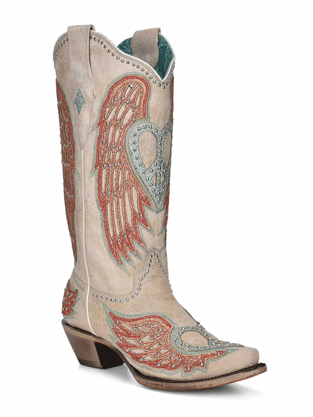 Corral A4236 Ladies Heart Wings Overlay Embroidered Boots Bone side-front view. If you need any assistance with this item or the purchase of this item please call us at five six one seven four eight eight eight zero one Monday through Saturday 10:00a.m EST to 8:00 p.m EST