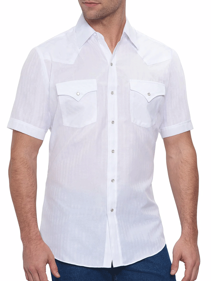 Ely Cattleman 15201634-01 Mens Short Sleeve Tone On Tone Western Shirt White front view tucked in. If you need any assistance with this item or the purchase of this item please call us at five six one seven four eight eight eight zero one Monday through Saturday 10:00a.m EST to 8:00 p.m EST