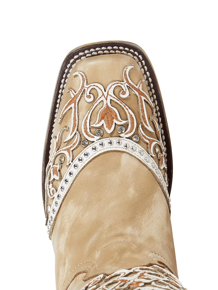 Corral A4165 Ladies Embroidery and Studs Square Toe Western Boot White front-back-side view. If you need any assistance with this item or the purchase of this item please call us at five six one seven four eight eight eight zero one Monday through Saturday 10:00a.m EST to 8:00 p.m EST