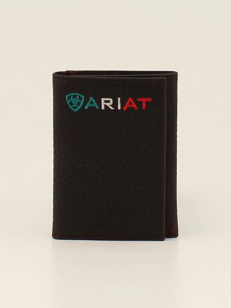 Ariat A35508282 Mens Trifold Wallet Logo Mexico Brown front view folded. If you need any assistance with this item or the purchase of this item please call us at five six one seven four eight eight eight zero one Monday through Saturday 10:00a.m EST to 8:00 p.m EST