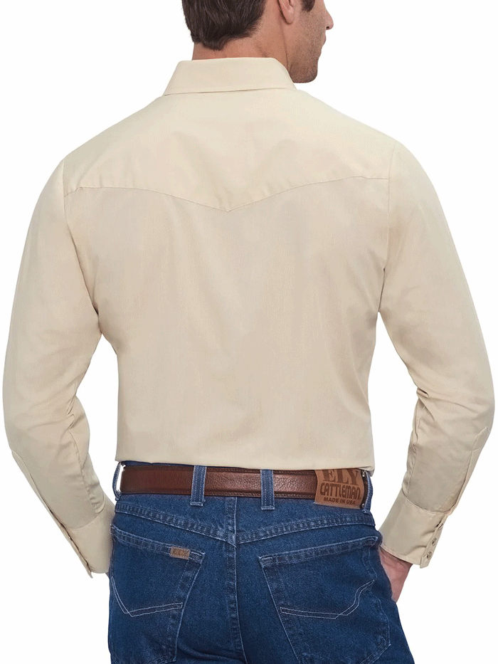 Ely Cattleman 15201905-23 Mens Long Sleeve Solid Western Shirt Ecru front view tucked in. If you need any assistance with this item or the purchase of this item please call us at five six one seven four eight eight eight zero one Monday through Saturday 10:00a.m EST to 8:00 p.m EST