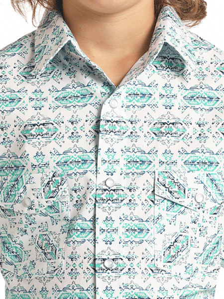 Panhandle R2S3254 Kids Long Sleeve Snap Shirt Turquoise collar and pocket detail