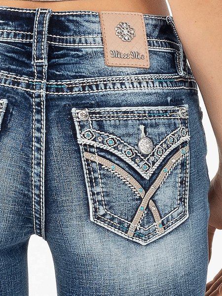 Miss Me M3444B55 Womens Aztec Bootcut Jeans Dark Blue back pocket close up. If you need any assistance with this item or the purchase of this item please call us at five six one seven four eight eight eight zero one Monday through Saturday 10:00a.m EST to 8:00 p.m EST