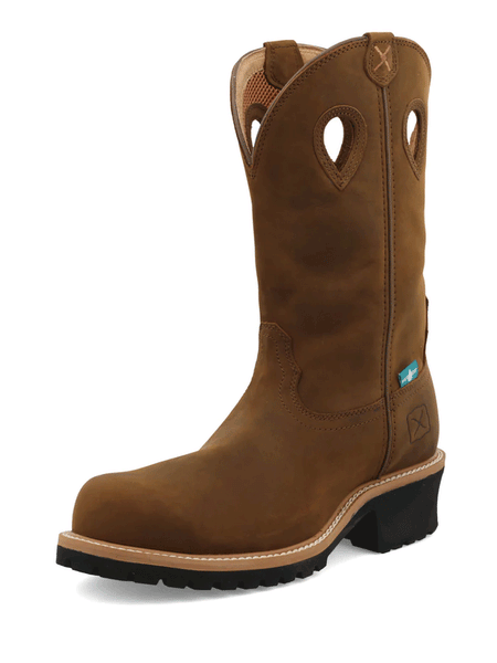 Twisted X MLGCW01 Mens Composite Toe Pull On Logger Boot Saddle Brown front and side view. If you need any assistance with this item or the purchase of this item please call us at five six one seven four eight eight eight zero one Monday through Saturday 10:00a.m EST to 8:00 p.m EST