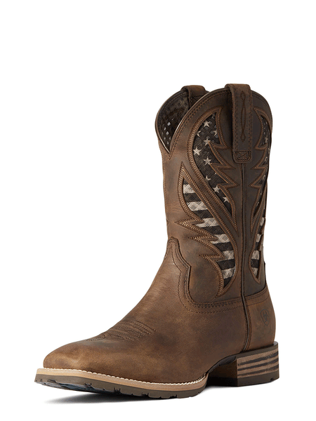 Ariat 10038340 Mens Hybrid VentTEK Western Boot American Flag Distressed Brown front-side view. If you need any assistance with this item or the purchase of this item please call us at five six one seven four eight eight eight zero one Monday through Saturday 10:00a.m EST to 8:00 p.m EST