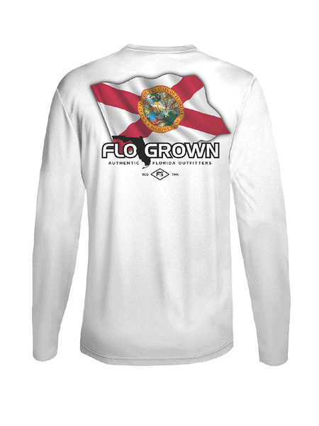 FloGrown FGP-414 Waving Flag Performance Long Sleeve Tee White back view. If you need any assistance with this item or the purchase of this item please call us at five six one seven four eight eight eight zero one Monday through Saturday 10:00a.m EST to 8:00 p.m EST