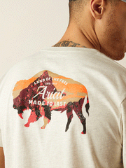 Ariat 10052571 Mens Bison Landscape T-Shirt Oatmeal Heather back close up view. If you need any assistance with this item or the purchase of this item please call us at five six one seven four eight eight eight zero one Monday through Saturday 10:00a.m EST to 8:00 p.m EST