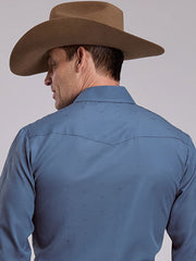Roper 01-001-0145-7028 Mens Tone On Tone Steerhead Shirt Blue back view. If you need any assistance with this item or the purchase of this item please call us at five six one seven four eight eight eight zero one Monday through Saturday 10:00a.m EST to 8:00 p.m EST