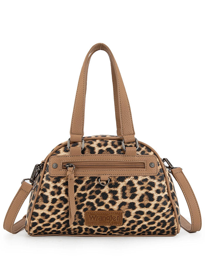Wrangler WG399-5112BRLP Womens Leopard Print Satchel/Crossbody Bag Brown front view. If you need any assistance with this item or the purchase of this item please call us at five six one seven four eight eight eight zero one Monday through Saturday 10:00a.m EST to 8:00 p.m EST