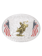 Montana Silversmiths AM53100-205H Bull Rider American Made Freedom Western Buckle Silver front view. If you need any assistance with this item or the purchase of this item please call us at five six one seven four eight eight eight zero one Monday through Saturday 10:00a.m EST to 8:00 p.m EST

