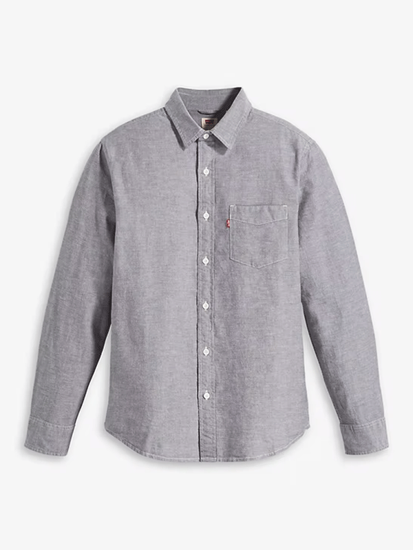 Levis 857480196 Mens Classic 1 Pocket Standard Shirt Raven Grey front view open on model. If you need any assistance with this item or the purchase of this item please call us at five six one seven four eight eight eight zero one Monday through Saturday 10:00a.m EST to 8:00 p.m EST