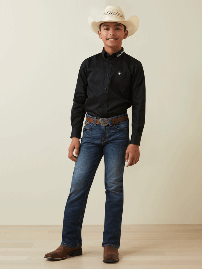 Ariat 10045426 Kids Team Logo Twill Classic Fit Shirt Black front view. If you need any assistance with this item or the purchase of this item please call us at five six one seven four eight eight eight zero one Monday through Saturday 10:00a.m EST to 8:00 p.m EST
