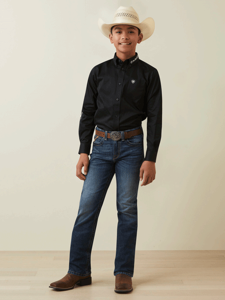 Ariat 10045426 Kids Team Logo Twill Classic Fit Shirt Black full front view. If you need any assistance with this item or the purchase of this item please call us at five six one seven four eight eight eight zero one Monday through Saturday 10:00a.m EST to 8:00 p.m EST