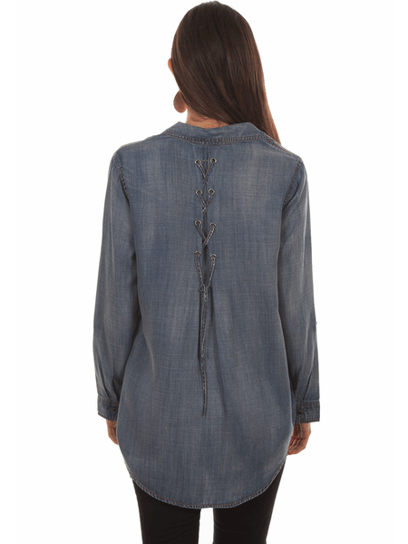 Scully HC473 Womens Button-Up Long Sleeve Blouse Denim back view. If you need any assistance with this item or the purchase of this item please call us at five six one seven four eight eight eight zero one Monday through Saturday 10:00a.m EST to 8:00 p.m EST

