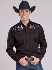 Roper 03-001-0040-6001 Mens Long Sleeve Embroidery Old West Collection Shirt Black front view. If you need any assistance with this item or the purchase of this item please call us at five six one seven four eight eight eight zero one Monday through Saturday 10:00a.m EST to 8:00 p.m EST