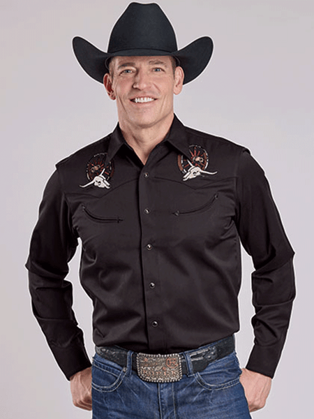 Roper 03-001-0040-6002 Mens Long Sleeve Skull Embroidery Old West Collection Shirt Black front view. If you need any assistance with this item or the purchase of this item please call us at five six one seven four eight eight eight zero one Monday through Saturday 10:00a.m EST to 8:00 p.m EST