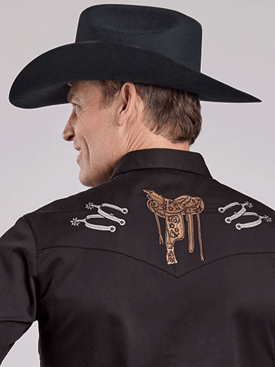 Roper 03-001-0040-6002 Mens Long Sleeve Skull Embroidery Old West Collection Shirt Black back view. If you need any assistance with this item or the purchase of this item please call us at five six one seven four eight eight eight zero one Monday through Saturday 10:00a.m EST to 8:00 p.m EST