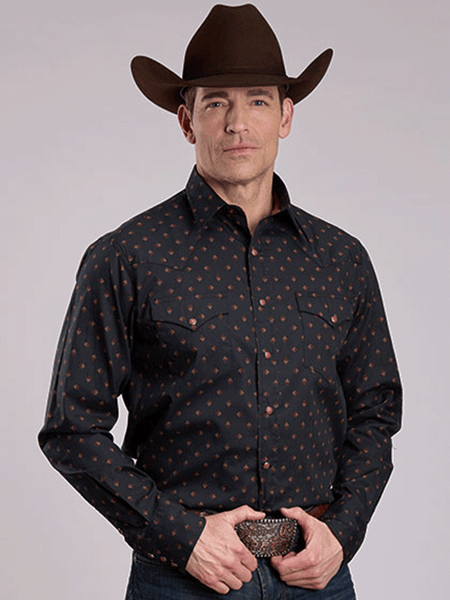 Roper 03-001-0064-0159 Mens Aztec Foulard Print Performance Shirt Black front view. If you need any assistance with this item or the purchase of this item please call us at five six one seven four eight eight eight zero one Monday through Saturday 10:00a.m EST to 8:00 p.m EST