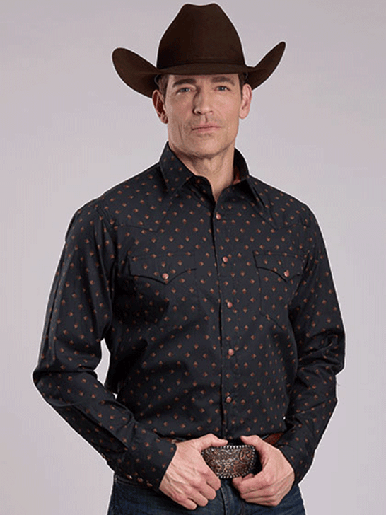 Roper 03-001-0064-0159 Mens Aztec Foulard Print Performance Shirt Black front view. If you need any assistance with this item or the purchase of this item please call us at five six one seven four eight eight eight zero one Monday through Saturday 10:00a.m EST to 8:00 p.m EST