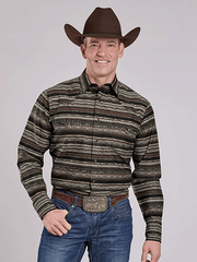 Roper 03-001-0067-0742 Mens Long Sleeve Horizontal Print Snap Shirt Brown front view. If you need any assistance with this item or the purchase of this item please call us at five six one seven four eight eight eight zero one Monday through Saturday 10:00a.m EST to 8:00 p.m EST