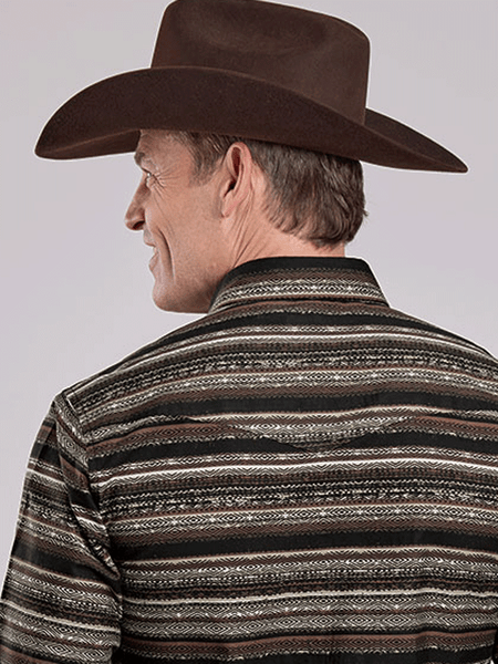 Roper 03-001-0067-0742 Mens Long Sleeve Horizontal Print Snap Shirt Brown back view. If you need any assistance with this item or the purchase of this item please call us at five six one seven four eight eight eight zero one Monday through Saturday 10:00a.m EST to 8:00 p.m EST