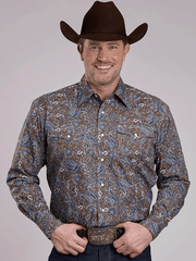 Roper 03-001-0225-1024 Mens Long Sleeve Snap Paisley Shirt Bluebird Bark front view. If you need any assistance with this item or the purchase of this item please call us at five six one seven four eight eight eight zero one Monday through Saturday 10:00a.m EST to 8:00 p.m EST