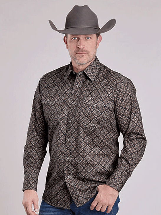 Roper 03-001-0225-6034 Mens All Over Medallion Print Snap Shirt Brown front view. If you need any assistance with this item or the purchase of this item please call us at five six one seven four eight eight eight zero one Monday through Saturday 10:00a.m EST to 8:00 p.m EST

