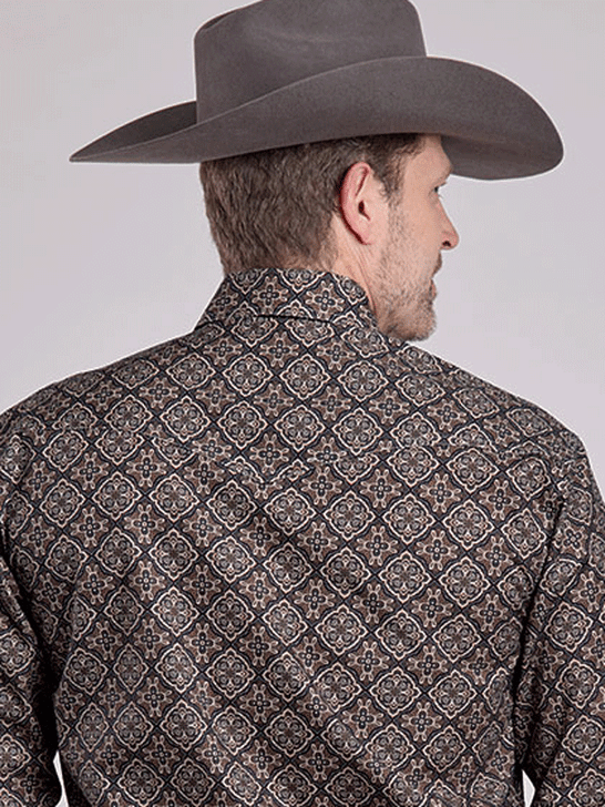 Roper 03-001-0225-6034 Mens All Over Medallion Print Snap Shirt Brown back view. If you need any assistance with this item or the purchase of this item please call us at five six one seven four eight eight eight zero one Monday through Saturday 10:00a.m EST to 8:00 p.m EST