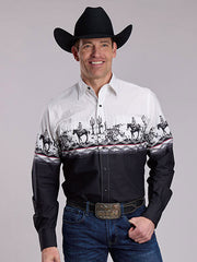 Roper 03-001-0421-0661 Mens Cactus Scene Border Shirt White Black front view. If you need any assistance with this item or the purchase of this item please call us at five six one seven four eight eight eight zero one Monday through Saturday 10:00a.m EST to 8:00 p.m EST