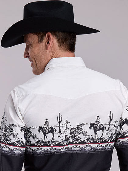 Roper 03-001-0421-0661 Mens Cactus Scene Border Shirt White Black back view. If you need any assistance with this item or the purchase of this item please call us at five six one seven four eight eight eight zero one Monday through Saturday 10:00a.m EST to 8:00 p.m EST