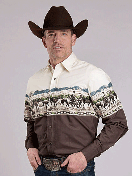 Roper 03-001-0421-0700 Mens Vintage Style Border Print Long Sleeve Shirt Brown front view. If you need any assistance with this item or the purchase of this item please call us at five six one seven four eight eight eight zero one Monday through Saturday 10:00a.m EST to 8:00 p.m EST

