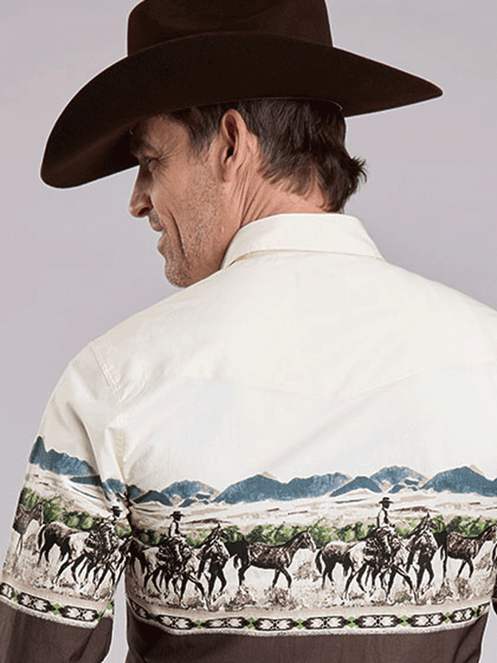 Roper 03-001-0421-0700 Mens Vintage Style Border Print Long Sleeve Shirt Brown back view. If you need any assistance with this item or the purchase of this item please call us at five six one seven four eight eight eight zero one Monday through Saturday 10:00a.m EST to 8:00 p.m EST