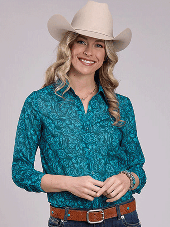 Roper 03-050-0590-1007 Womens Tooled Floral Print Shirt Teal front view. If you need any assistance with this item or the purchase of this item please call us at five six one seven four eight eight eight zero one Monday through Saturday 10:00a.m EST to 8:00 p.m EST