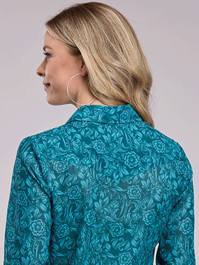 Roper 03-050-0590-1007 Womens Tooled Floral Print Shirt Teal front view. If you need any assistance with this item or the purchase of this item please call us at five six one seven four eight eight eight zero one Monday through Saturday 10:00a.m EST to 8:00 p.m EST